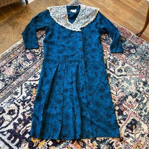 Vintage teal Gunne Sax Jessica McClintock lace collar double breasted dress 6